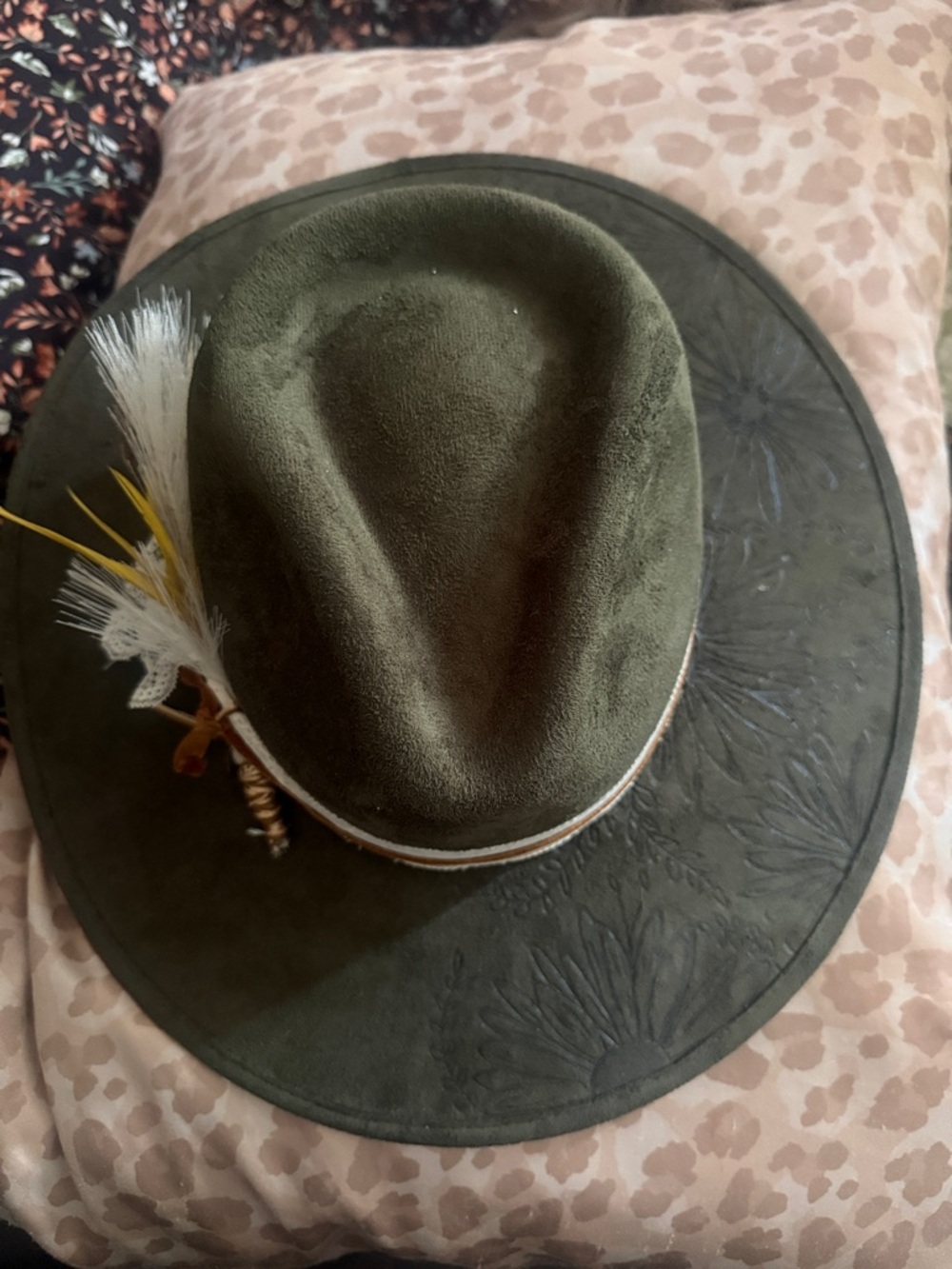 Men's Olive Felt Fedora Hat with Feather Accent